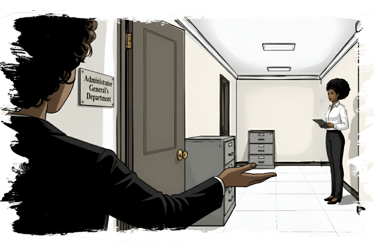 A professional-looking hallway scene where a person opens the door to an office labeled Administrator General's Department, gesturing toward a woman standing inside with a tablet.
