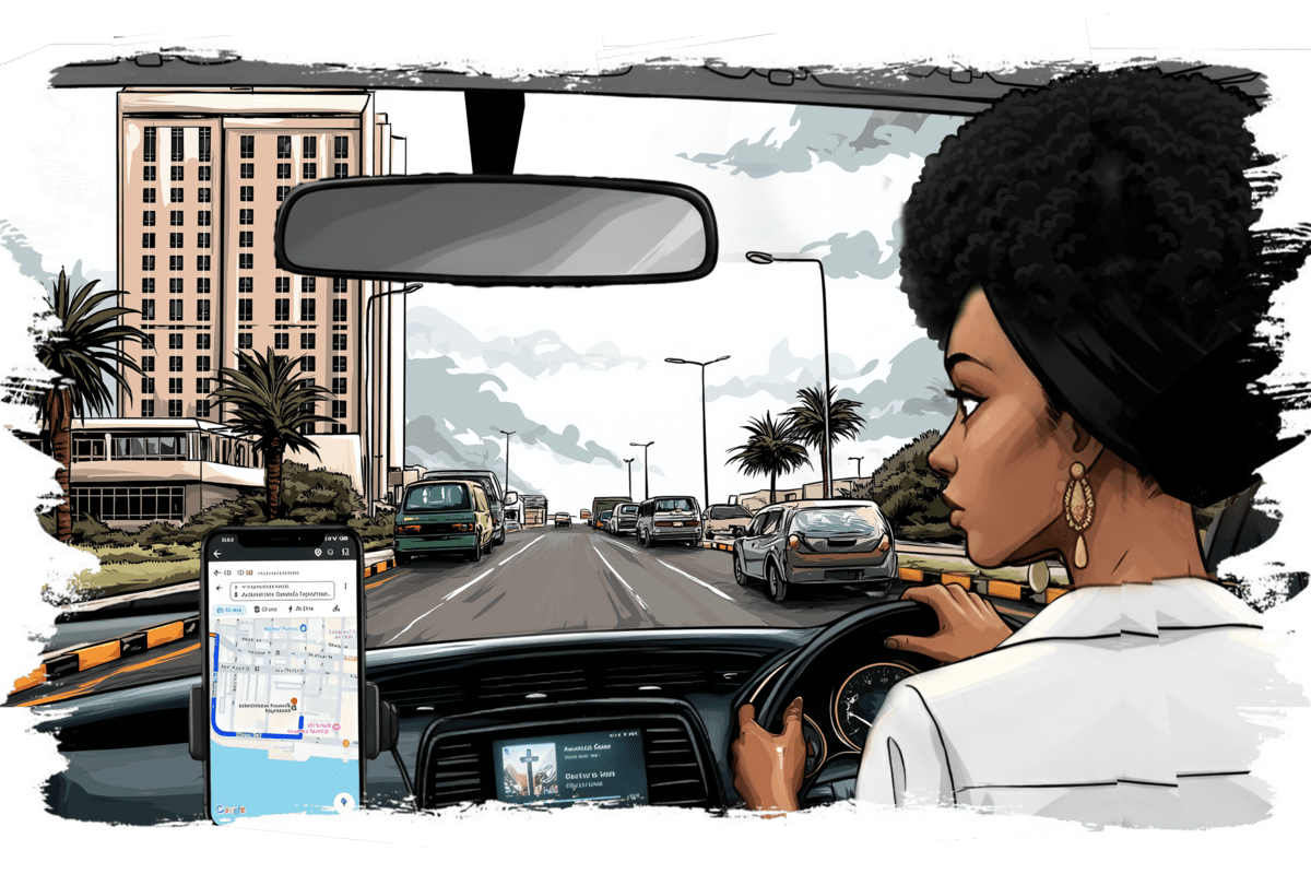 A woman drives a car through a busy city street lined with palm trees and tall buildings, with a navigation map displayed on a mounted smartphone.
