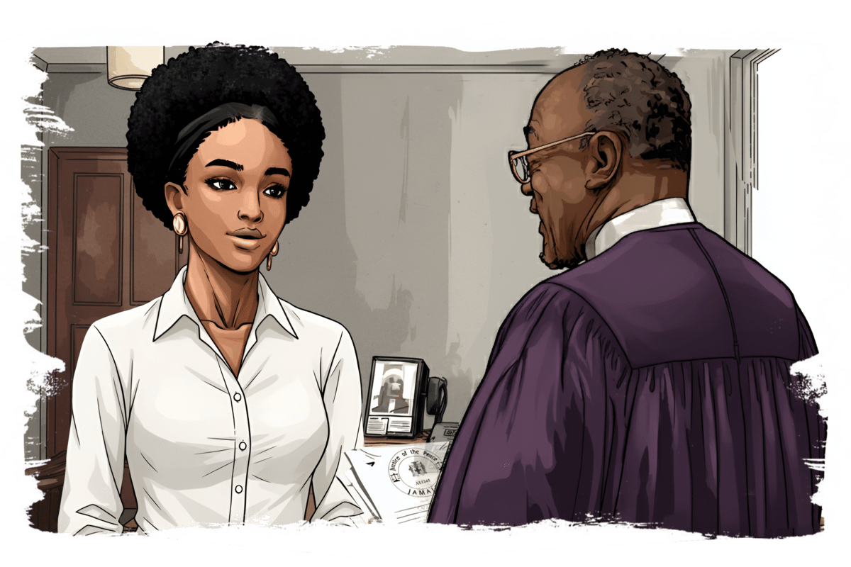 A woman in a white blouse stands in an office speaking with an older man wearing a judicial robe, suggesting a formal or legal discussion.