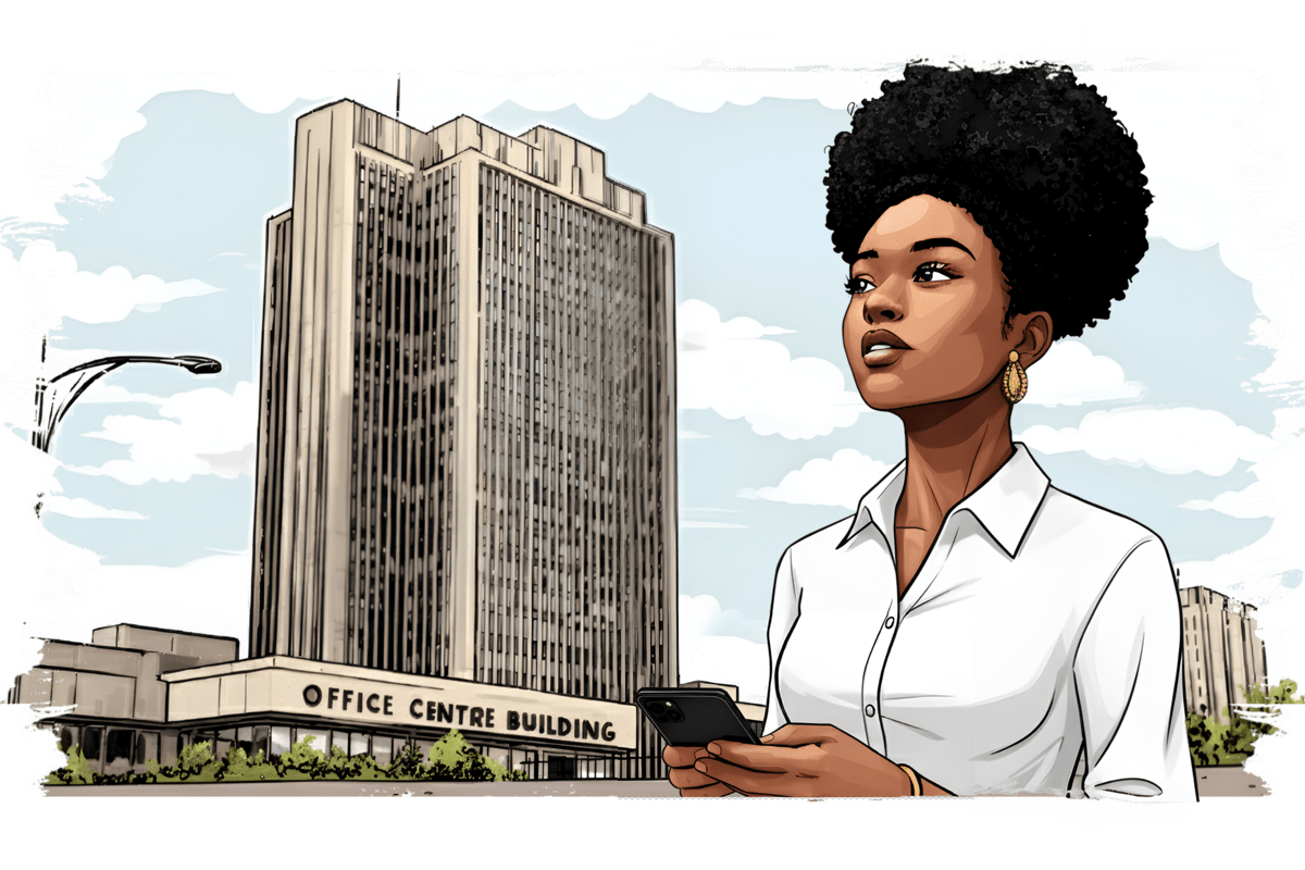 A woman stands outdoors in front of a tall office building labeled Office Centre Building, holding a smartphone and looking ahead thoughtfully.