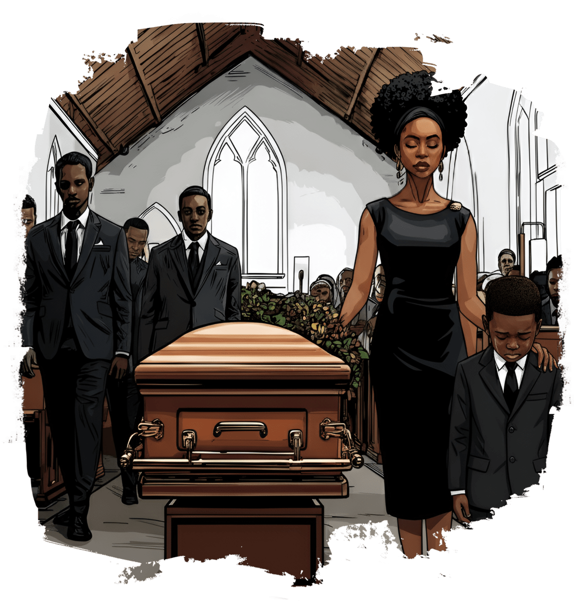Inside a church, mourners dressed in black stand solemnly around a wooden coffin at the front; a woman rests her hand on a young boy's shoulder as they bow their heads, conveying a funeral or memorial service.