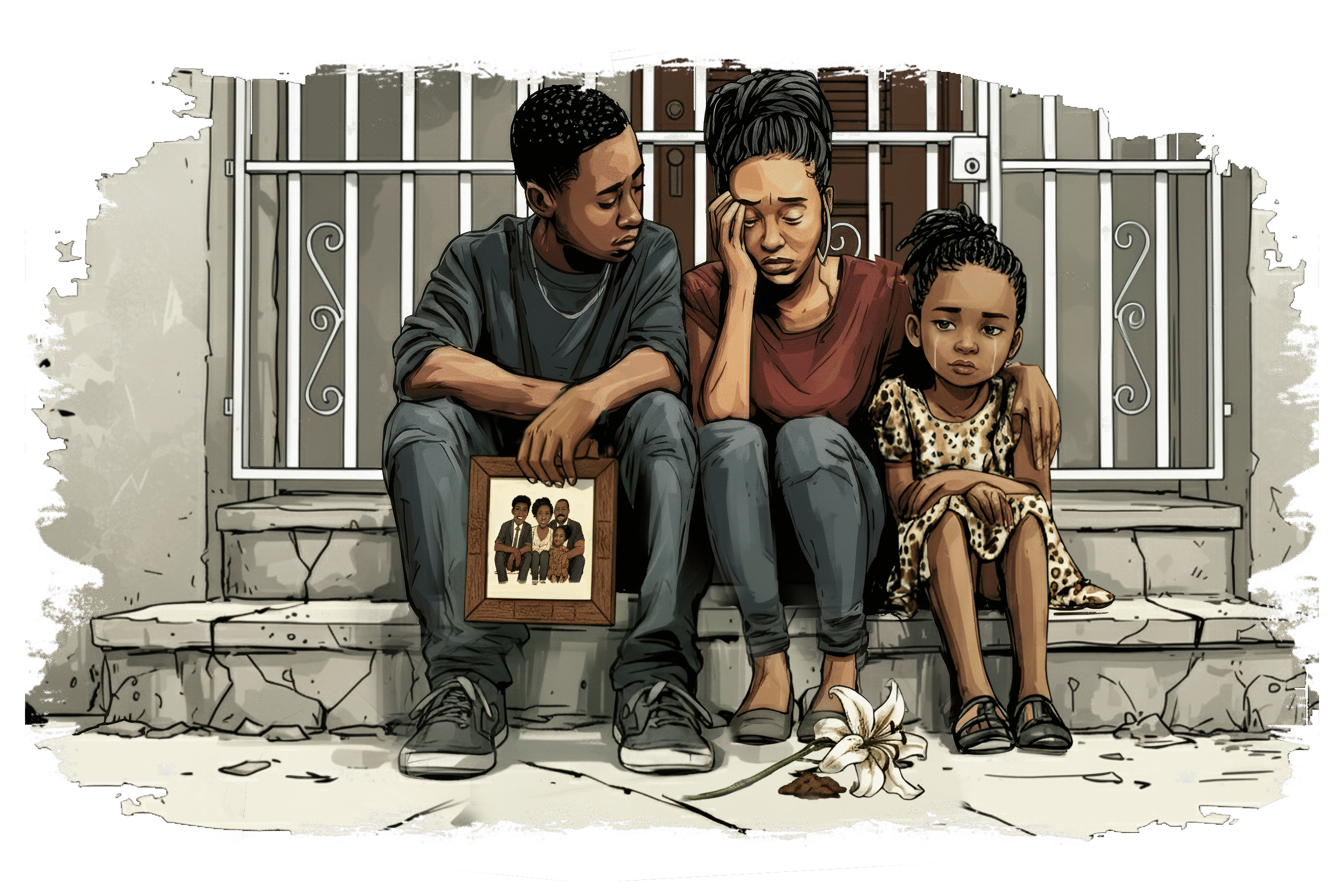 Three people sit on concrete steps outside a building: a grieving woman in the center, a young man beside her holding a framed family photo, and a small child leaning against the woman. A white flower lies on the ground, suggesting loss or mourning.