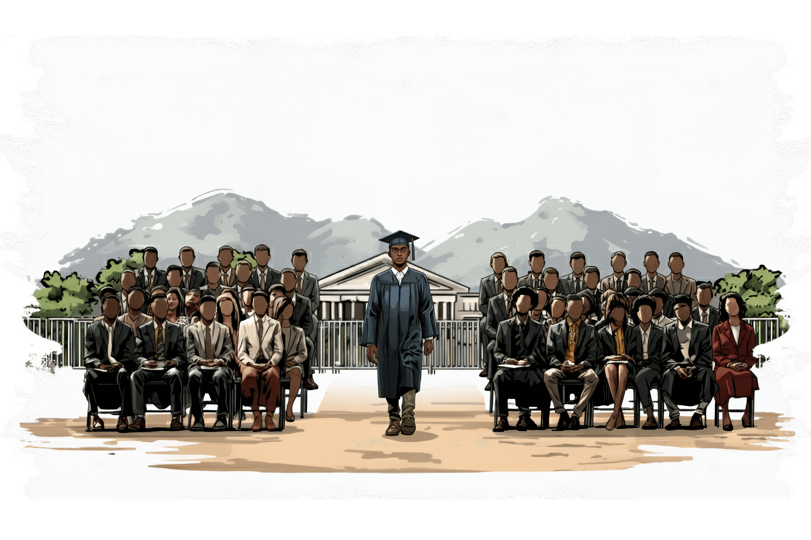 A young graduate in a cap and gown walks forward between two seated groups of formally dressed adults at an outdoor graduation ceremony, with a large institutional building and mountains in the background.