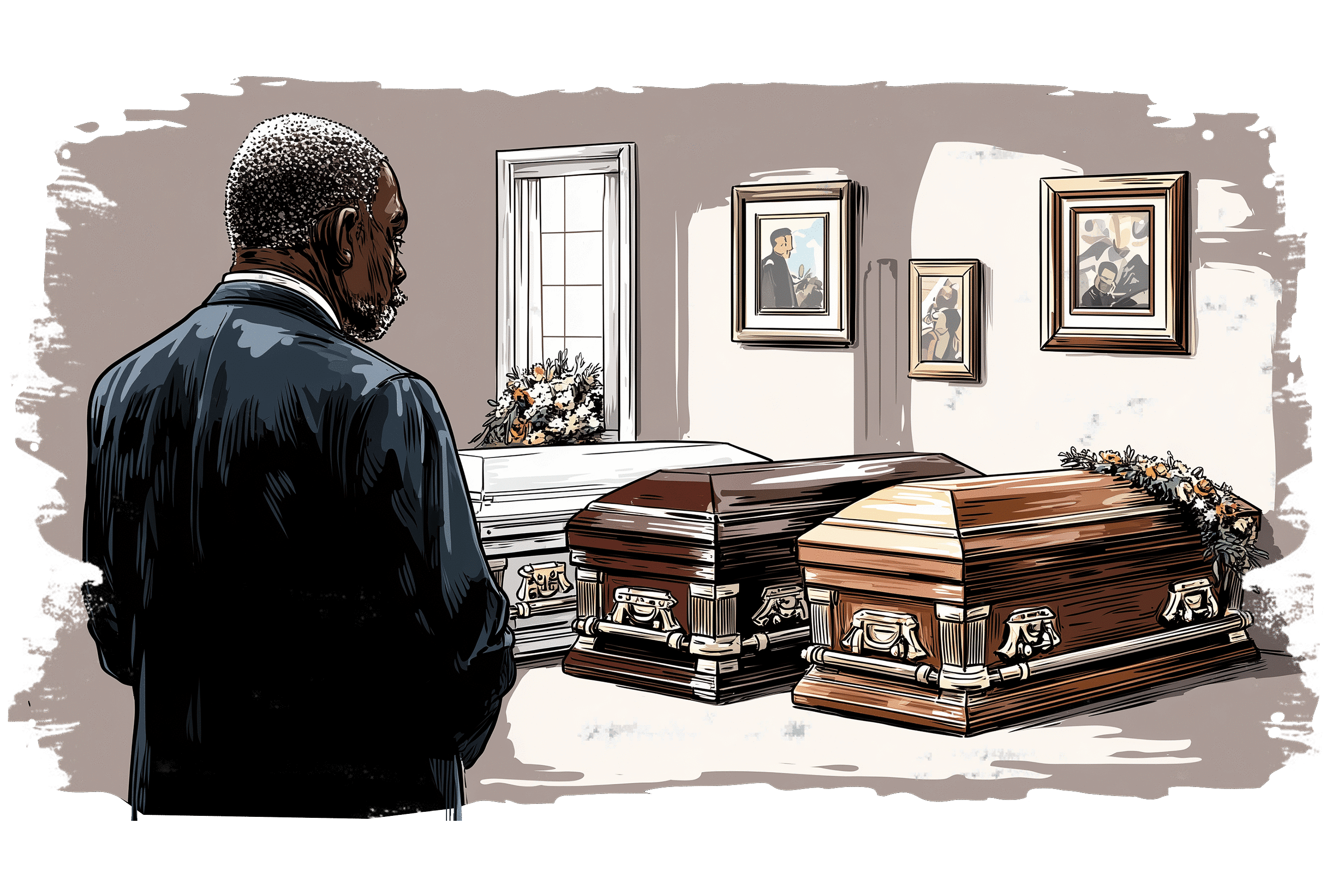 An older man stands indoors facing three closed coffins arranged side by side, with framed photographs on the wall behind them, conveying a funeral or memorial setting.