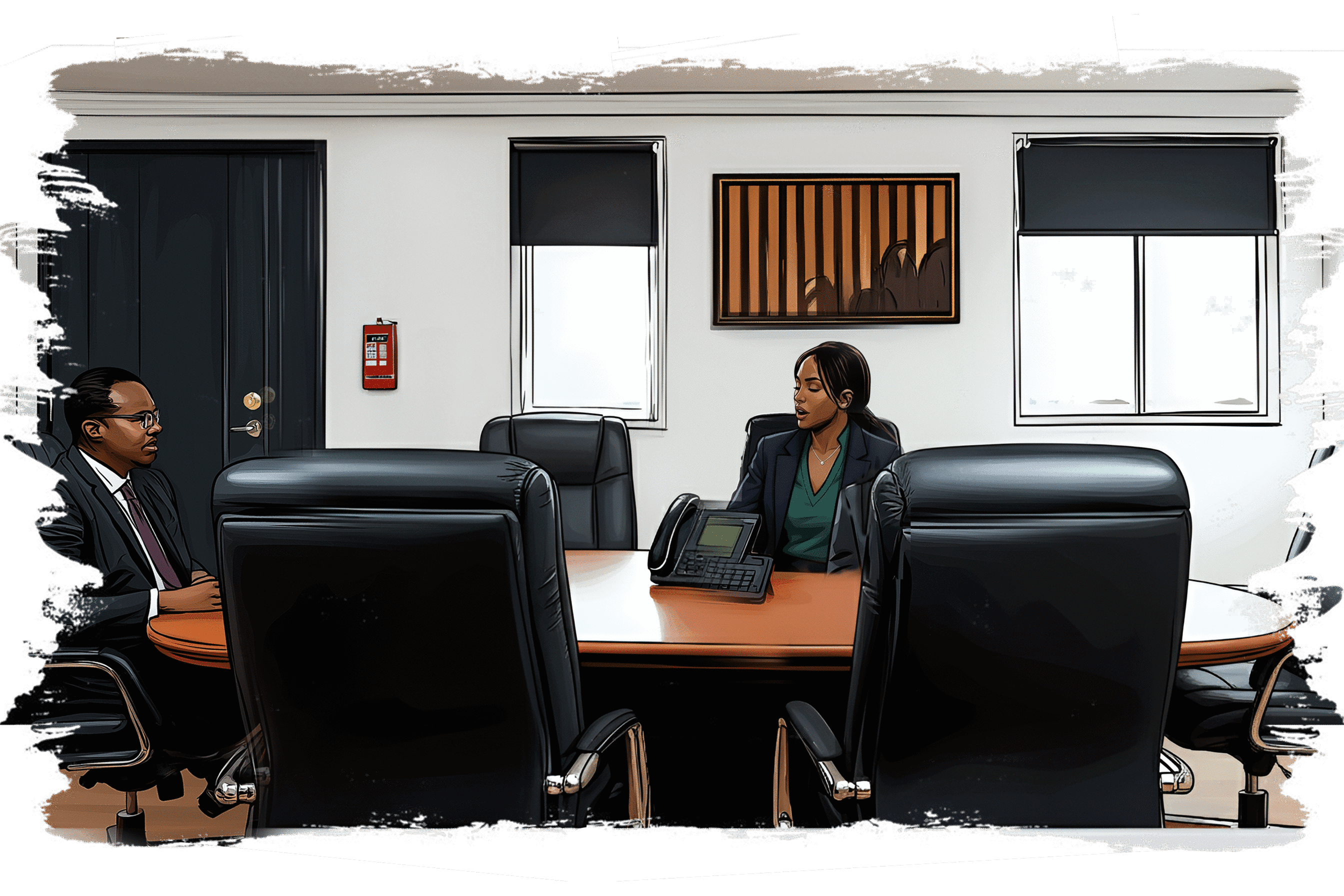 Two professionals sit across from each other at a conference table in a modern office, appearing to be in a serious conversation or interview, with empty chairs around them.