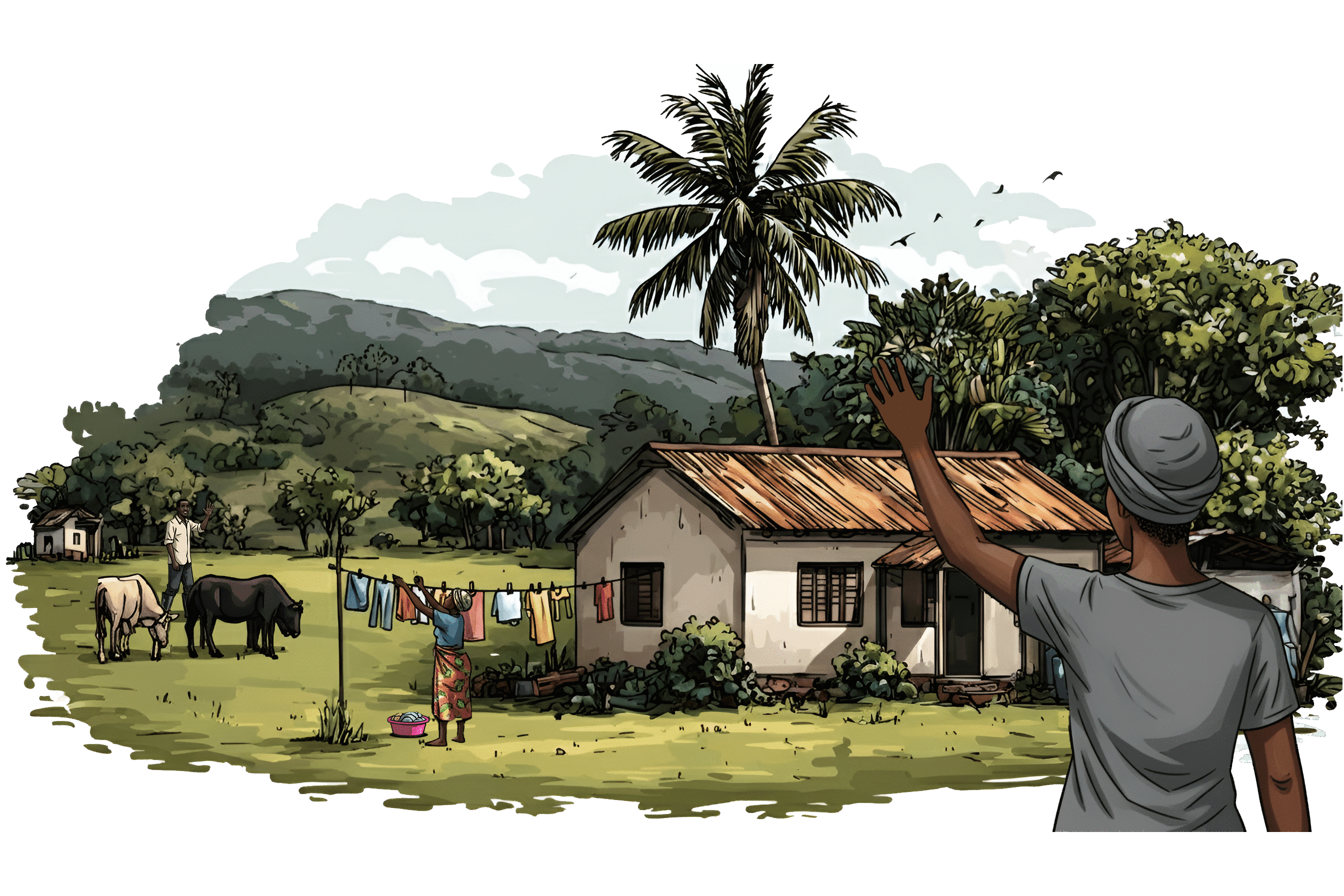 A rural scene shows a small house surrounded by greenery; one person hangs laundry, livestock graze nearby, and another person in the foreground raises a hand in greeting toward the home.