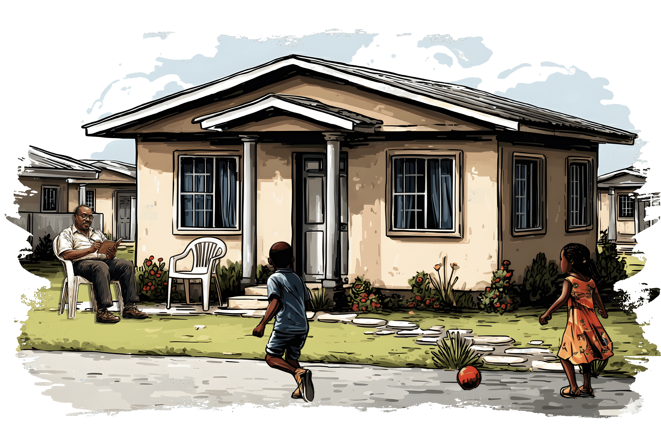 A small single-story house with a front porch. An older man sits outside reading while two children play with a ball on the lawn in front of the house.