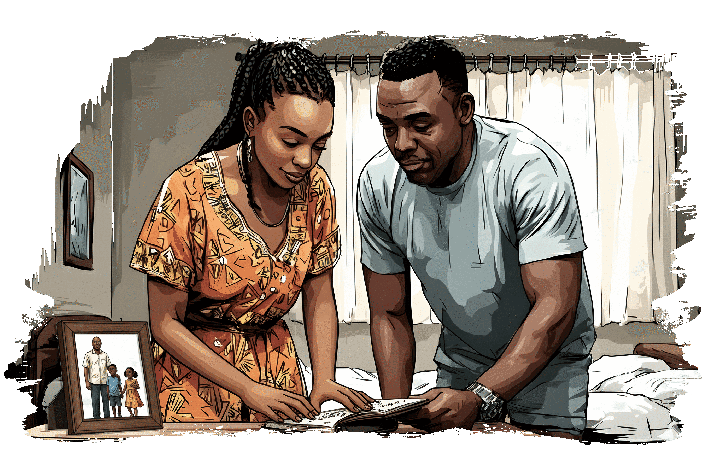 A couple stands indoors, looking down together at a book or document on a bed. A framed family photo is visible nearby, suggesting a shared, reflective moment.