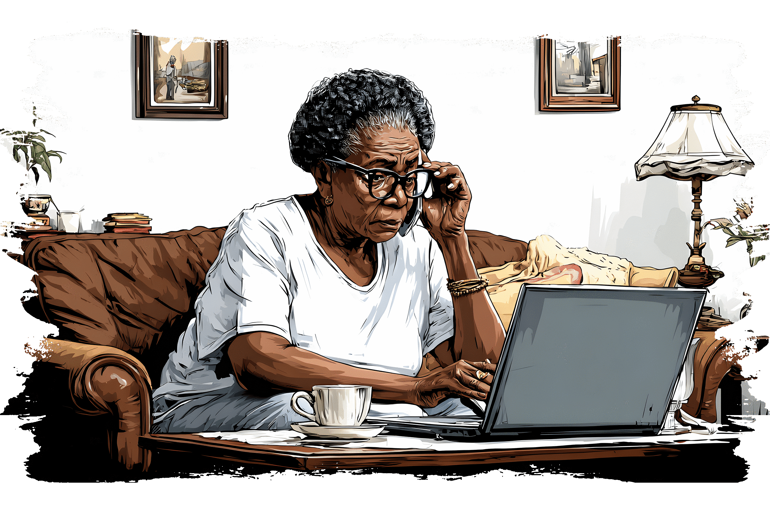 An elderly woman wearing glasses sits on a couch using a laptop on a coffee table. A cup and household items nearby suggest a quiet, focused moment at home.
