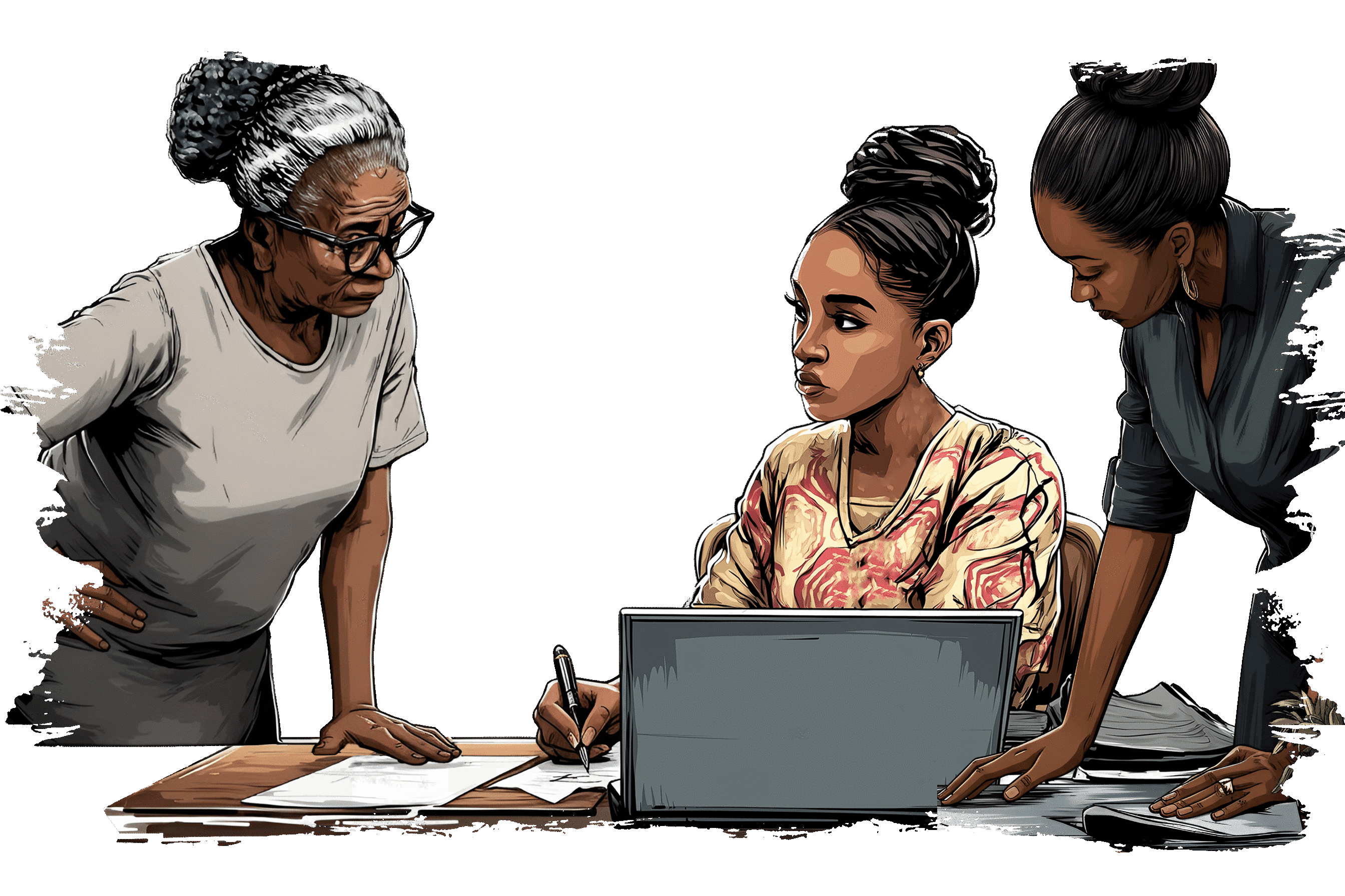 Three women gather around a table with papers and a laptop. One is seated and writing, while the other two stand close, appearing to discuss or review documents together.
