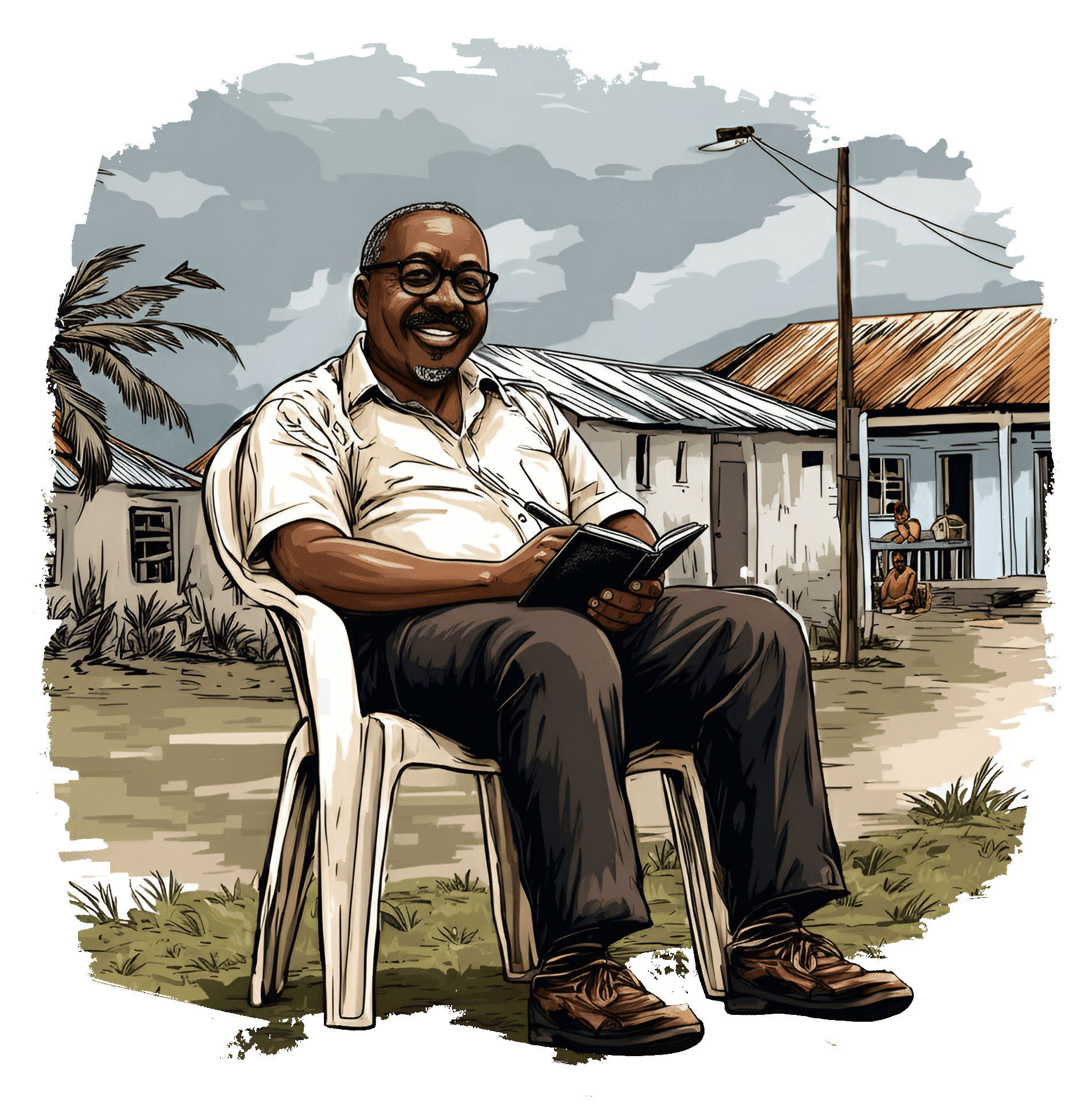 An older man sits outdoors on a plastic chair, smiling as he reads from a small notebook. Simple houses and a utility pole are visible behind him, suggesting a quiet residential setting.
