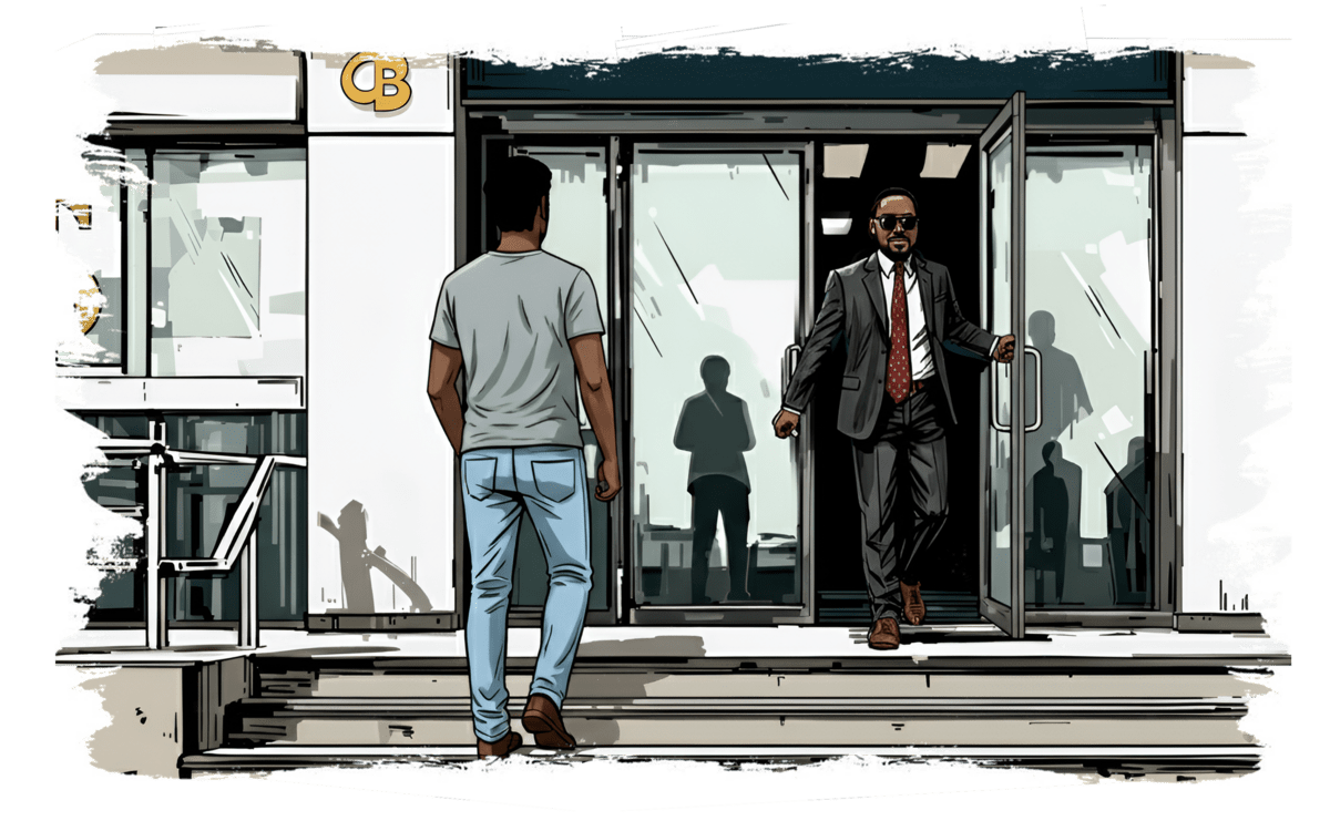 A man in casual clothes approaches a modern office building as a formally dressed man opens the glass door to greet him.