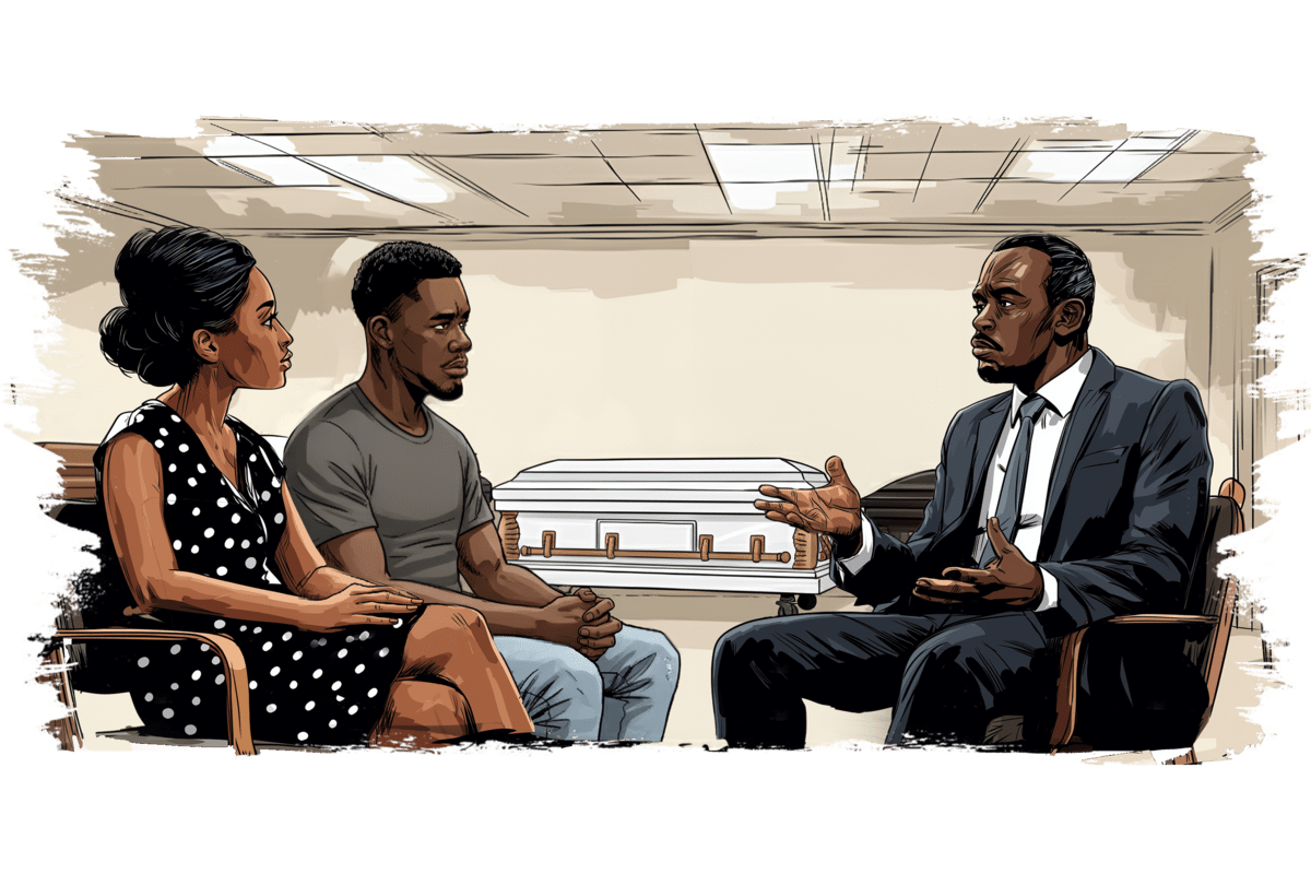A suited official speaks with a seated couple in a quiet room, with a closed casket visible behind them, suggesting a formal or legal discussion after a death.