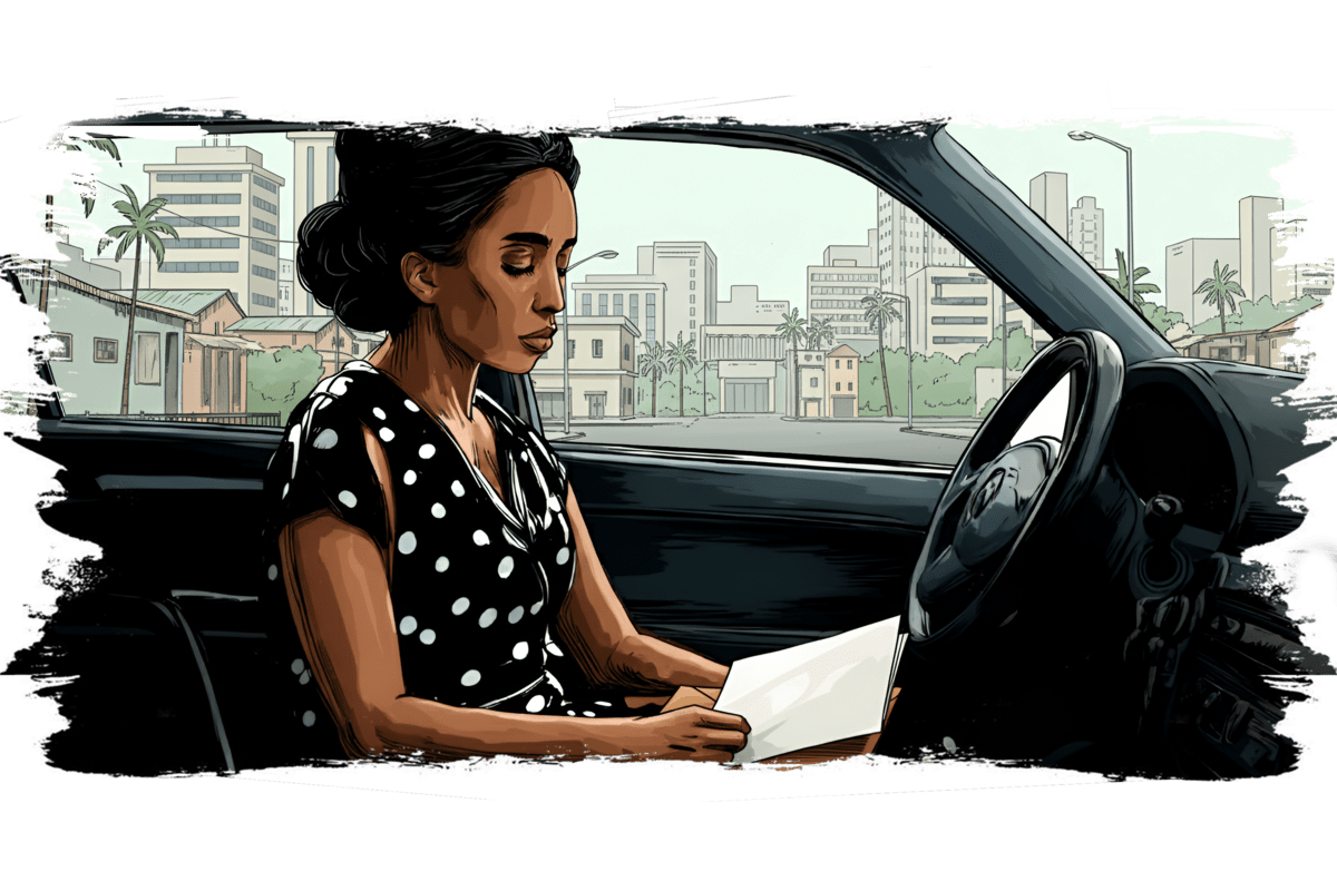 A woman sits alone in the driver's seat of a parked car, reading a document with a serious, contemplative expression.