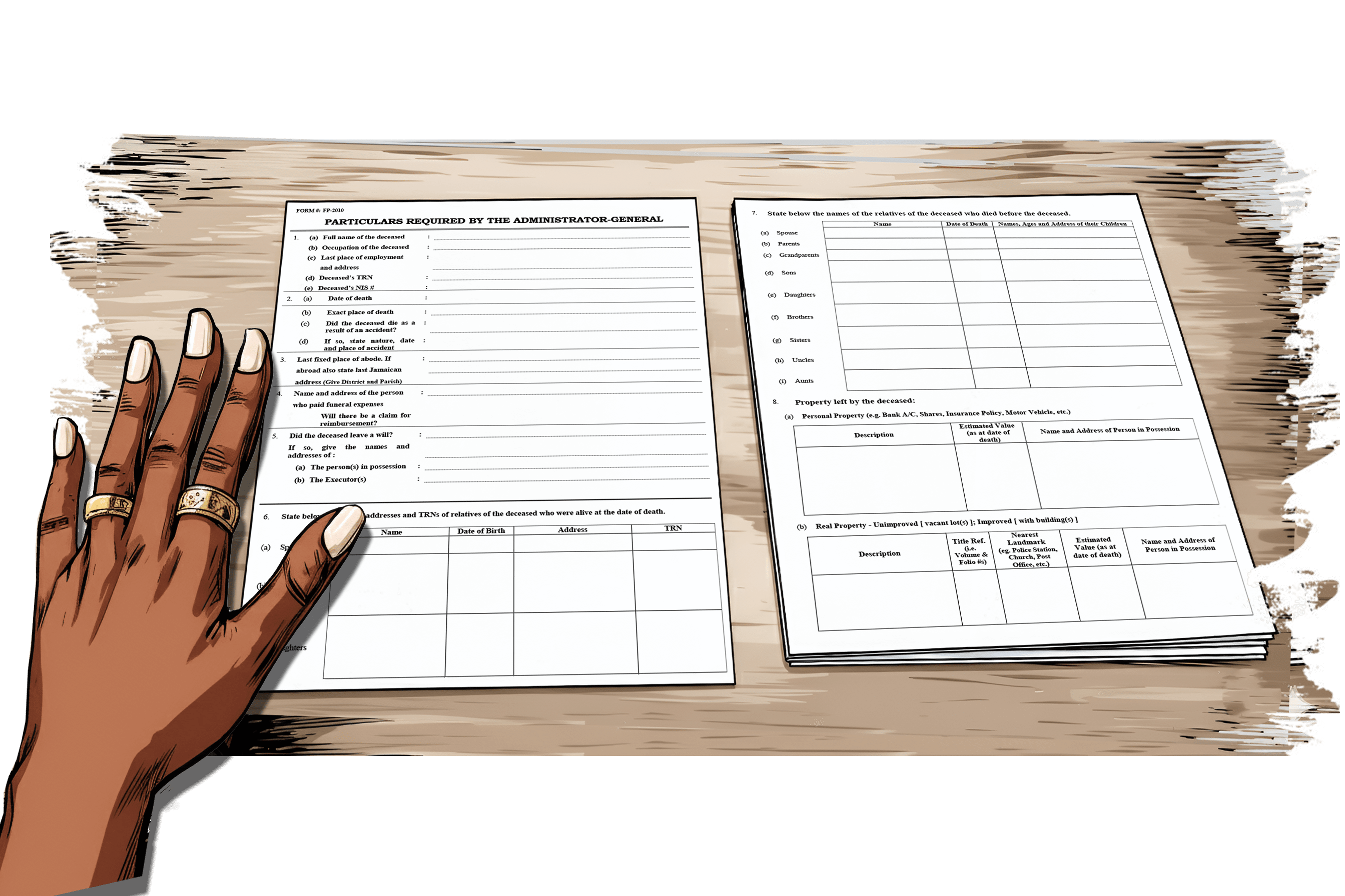 A close-up of hands resting on official forms laid out on a desk, showing paperwork related to estate or administrative details.