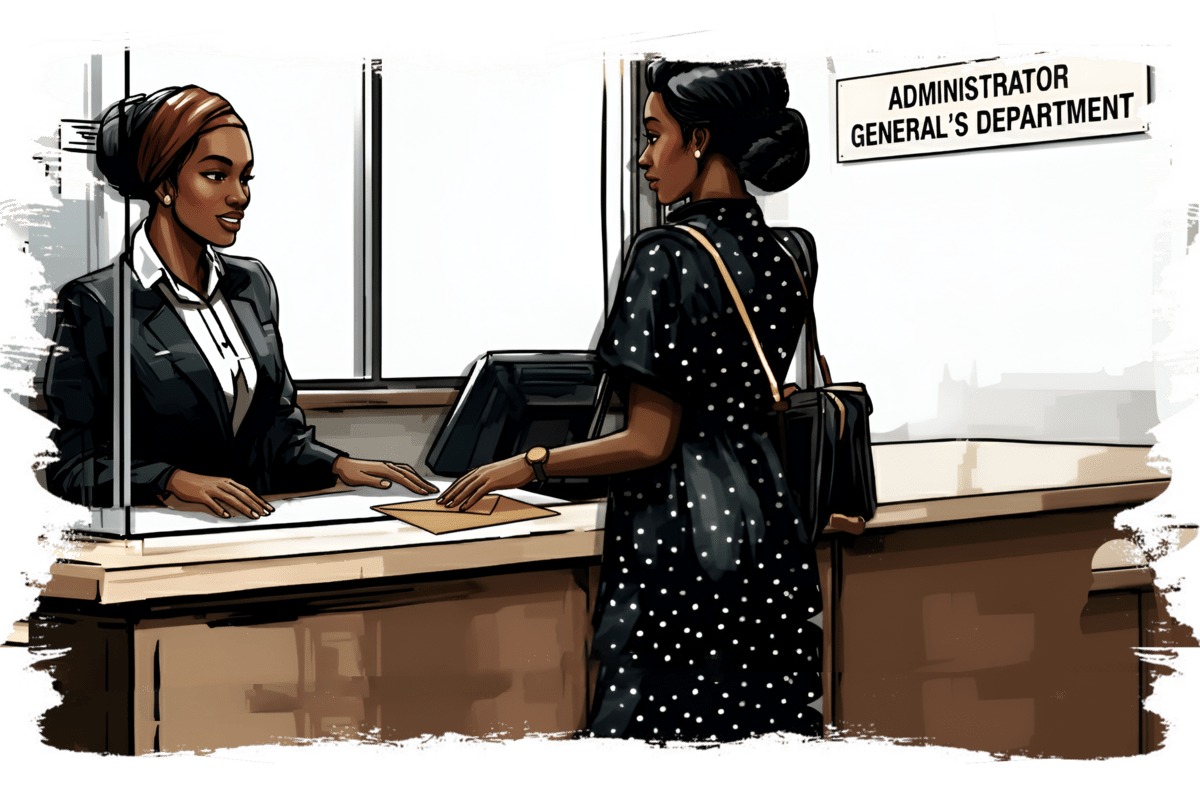 A woman hands documents to a clerk at a service counter labeled Administrator General's Department.