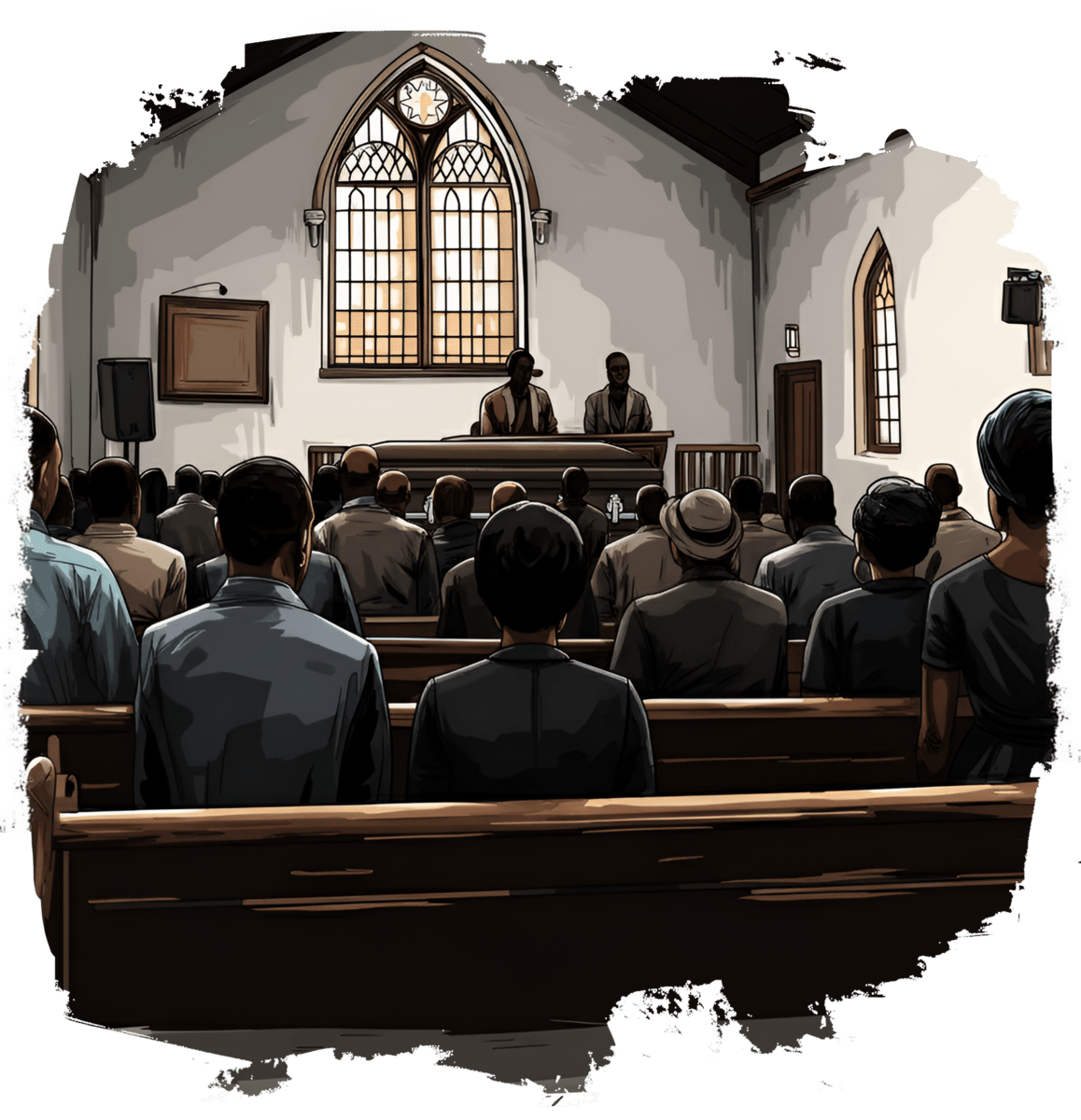 A congregation sits on wooden pews inside a church, facing the front where two speakers stand behind a lectern beneath tall stained-glass windows, suggesting a formal service or memorial gathering.